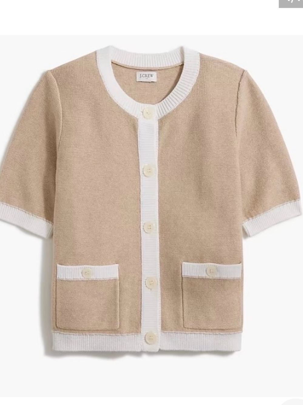 J. CREW 100% COTTON Short Sleeve sweater/Cardigan Tan & Cream - Size Large